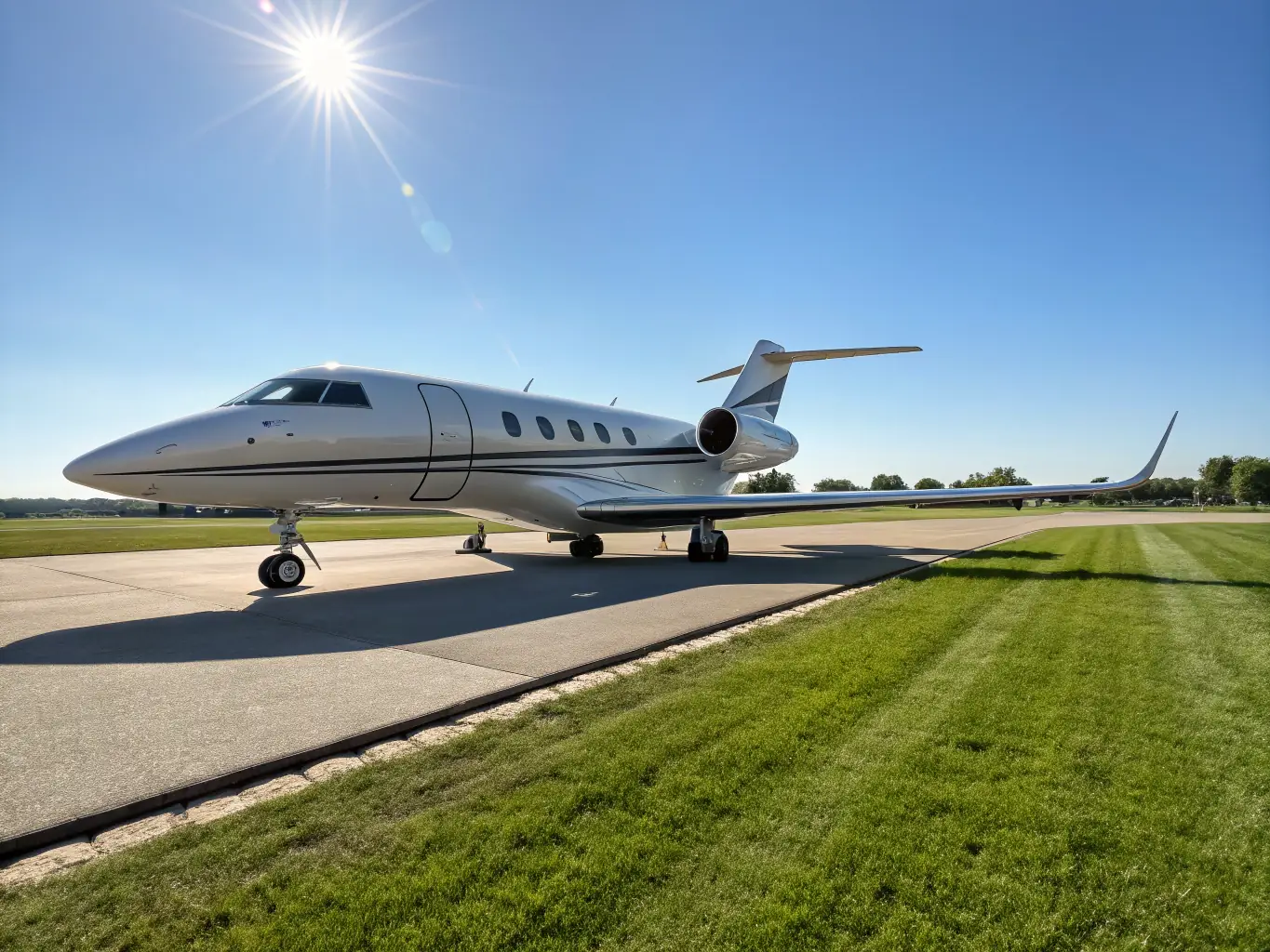 An aerial view of a private jet landing at a remote airstrip in Africa, surrounded by stunning natural landscapes, emphasizing the exclusivity and adventure of Milajet Havacilik's private jet travel experiences.