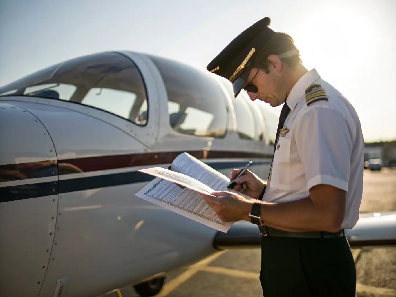 A professional pilot in uniform standing in front of a Gulfstream IV-SP jet, smiling confidently, symbolizing expertise and reliability.