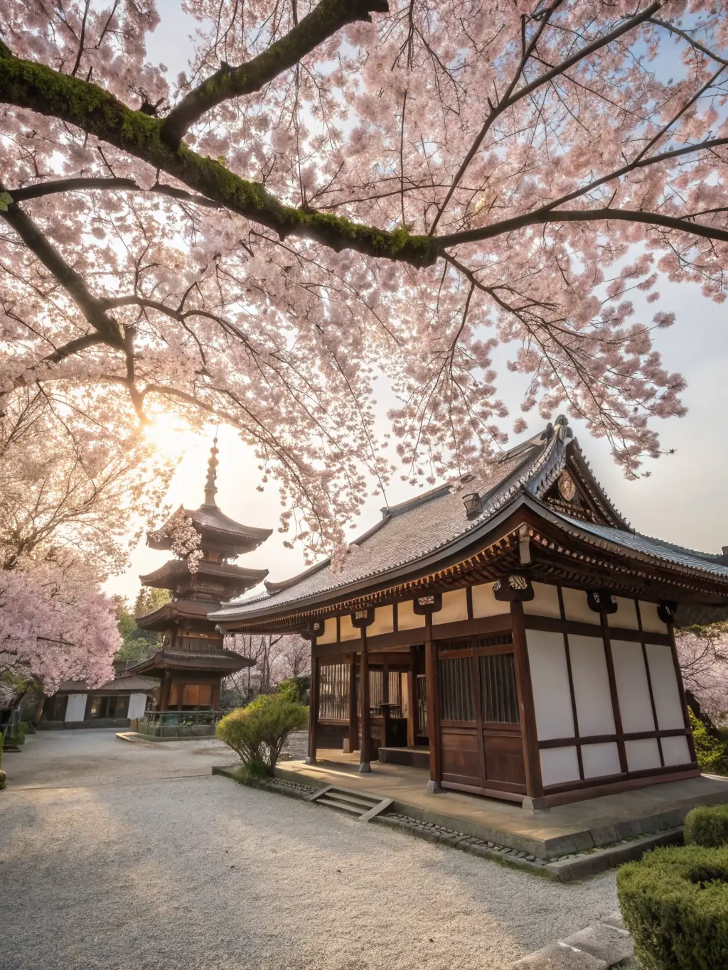 A serene image of cherry blossoms in Kyoto, Japan, with traditional temples in the background, representing Asian destinations accessible with Milajet Havacilik.