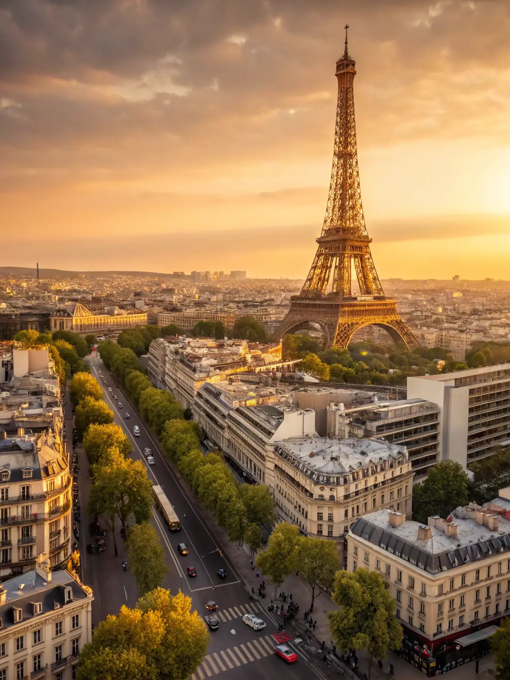 A vibrant aerial view of Paris, France, showcasing the Eiffel Tower and the Seine River, symbolizing European destinations offered by Milajet Havacilik.